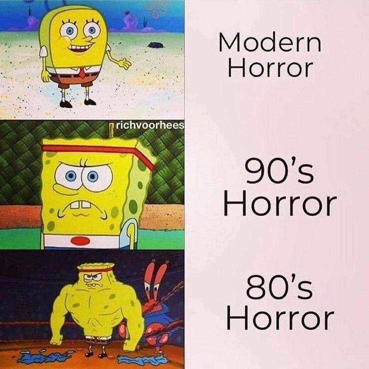 cartoon characters with the caption modern horror 90's horror 80's horror