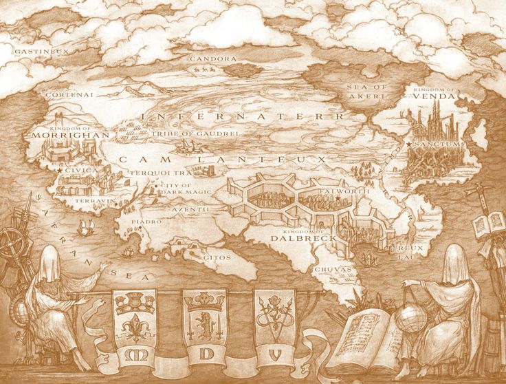 a drawing of an old world map with people and animals in the middle, surrounded by clouds