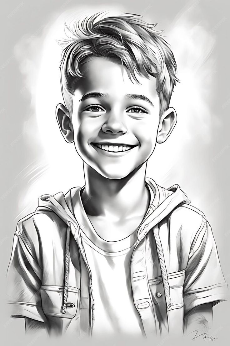 a black and white drawing of a young boy with a smile on it's face