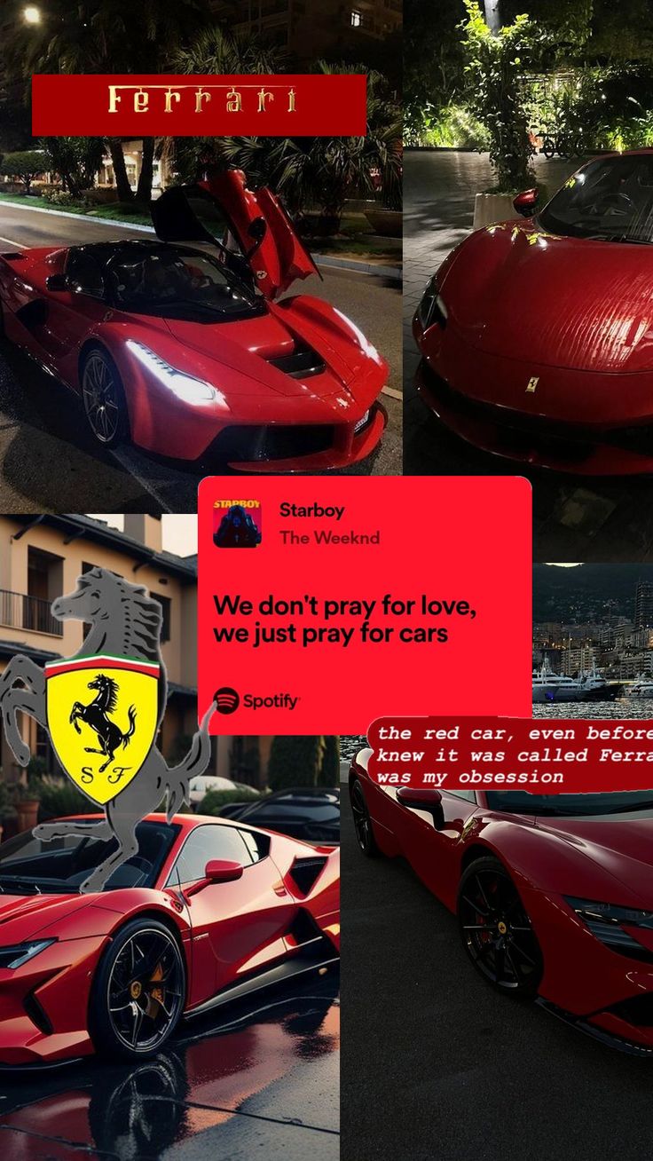 the red sports car is parked on the side of the road and it's saying, we don't pray for love, we just pray for cars