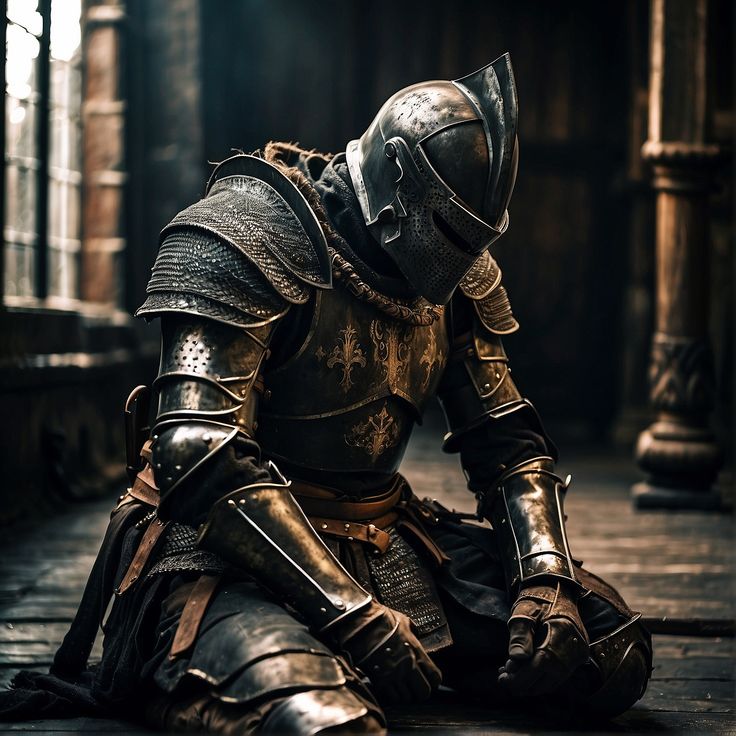 a man in armor sitting on the ground