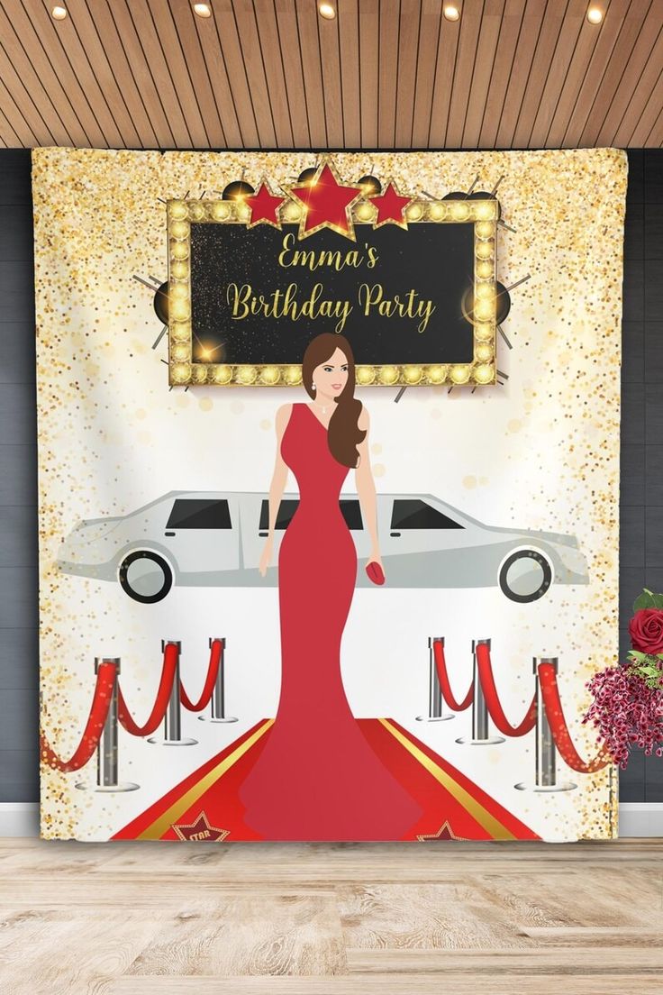 a woman in a red dress is standing next to a car with a sign that says canon's birthday party