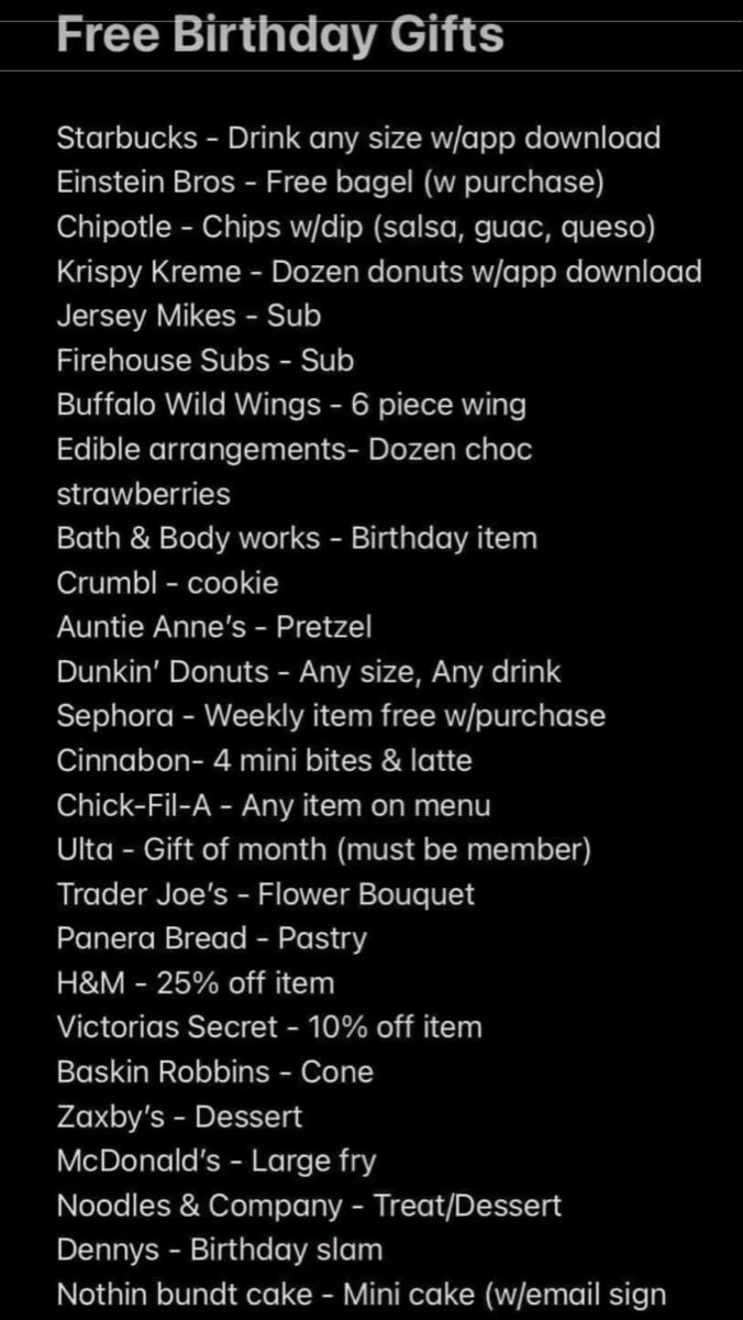 the birthday gift list is shown in black