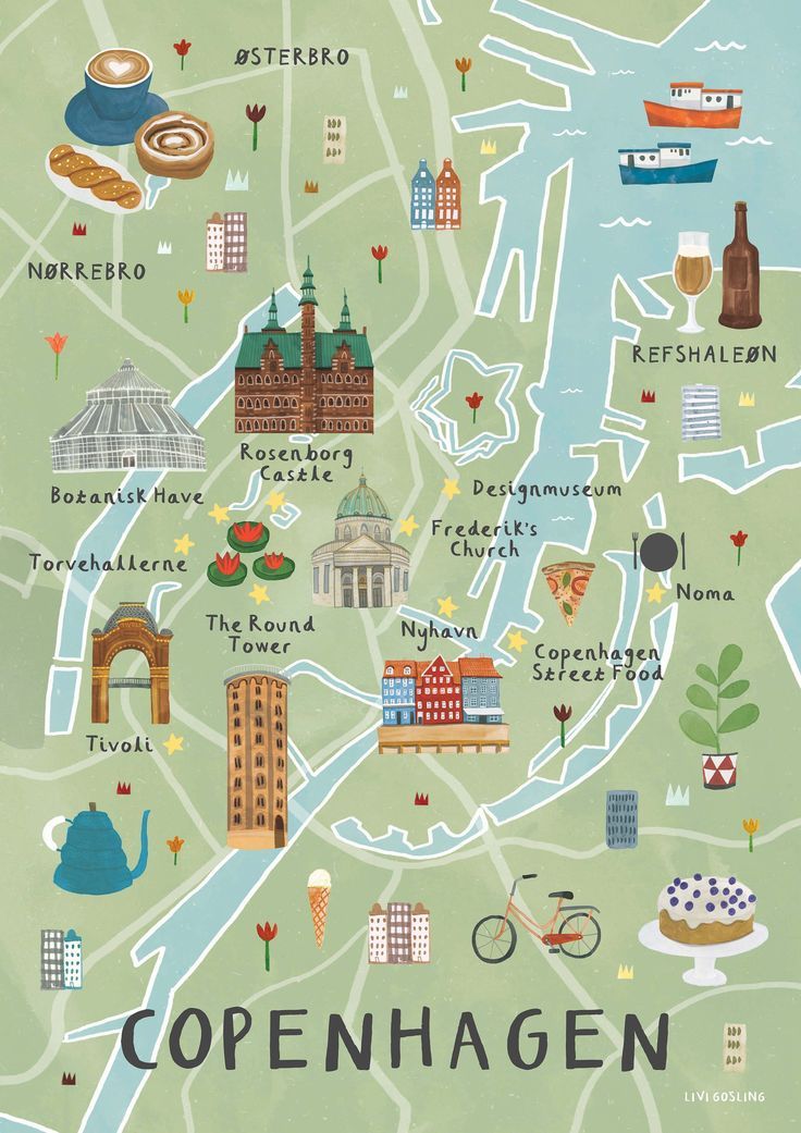 an illustrated map of the city of copenhagen, norway with all its landmarks and attractions