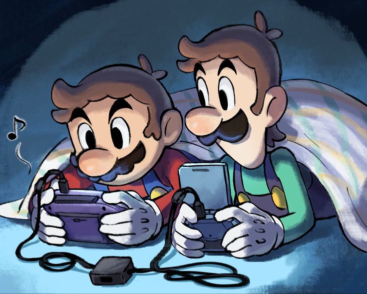 two cartoon characters laying in bed next to each other holding nintendo wii game controllers and nunchucks