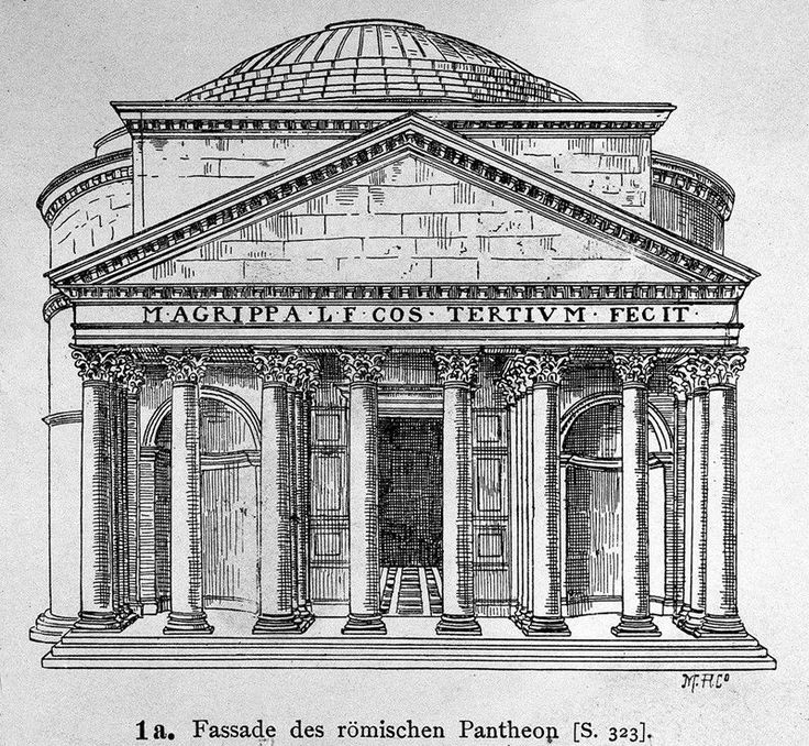 an old drawing of a building with columns and arches