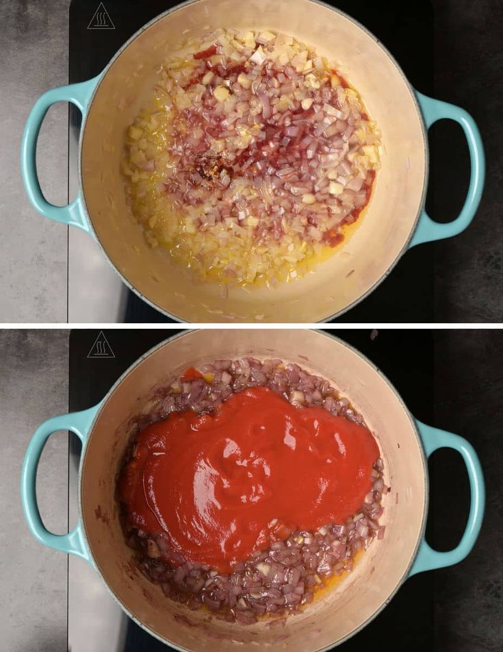 two images showing the same sauce in different pans, one with meat and another with tomato sauce