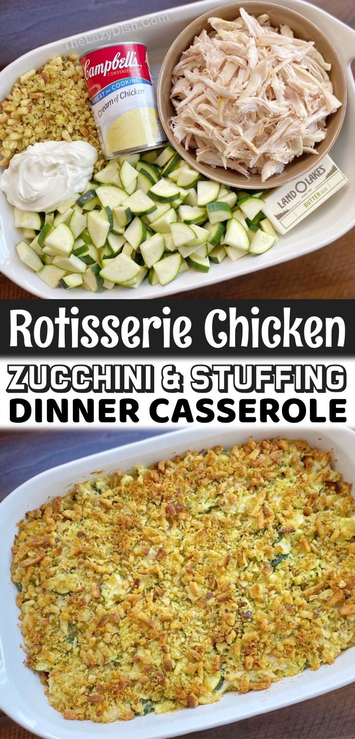 an image of chicken casserole with zucchini and stuffing