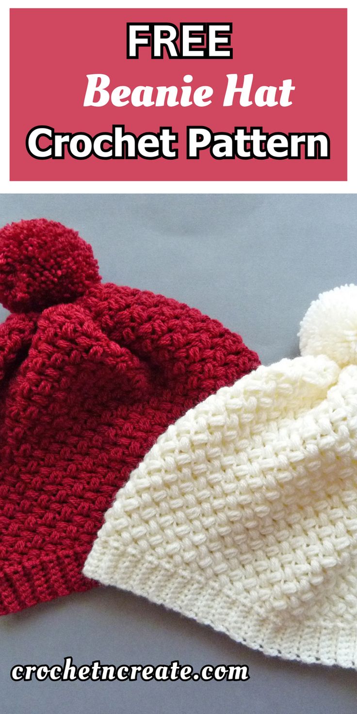 two crocheted beanies with text overlay that says free beanie hat crochet pattern