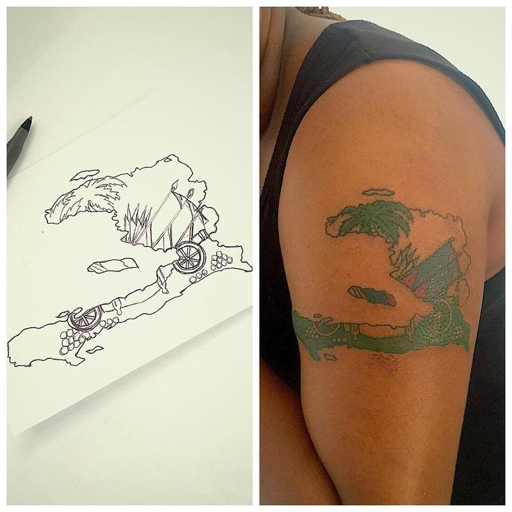 a woman's arm with tattoos on it next to a photo of a drawing