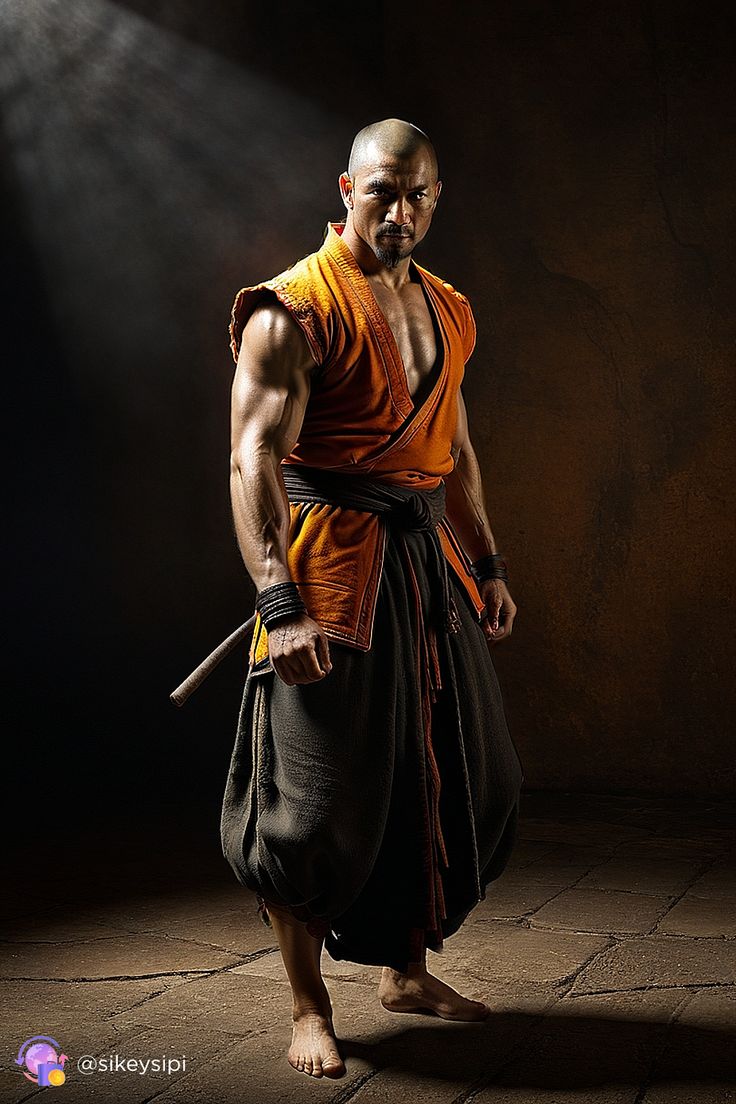 This image, generated by the Stable Diffusion program, represents a warrior monk who finds serenity even in the most tense combat situations. He is dressed in orange clothes and black decorations, which highlights his uniqueness. #ZenWarrior #BattleMonk #Serenity Monk Clothing Dnd, Monk Fashion, Warrior Monk, Monk Dnd, Orange Clothes, Bald Men Style, Shaolin Monks, Osho Quotes, Chinese Traditional Clothing