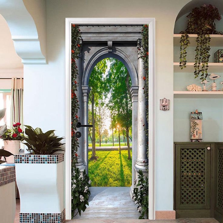 an open door leading to a garden with trees and flowers on the outside, surrounded by greenery