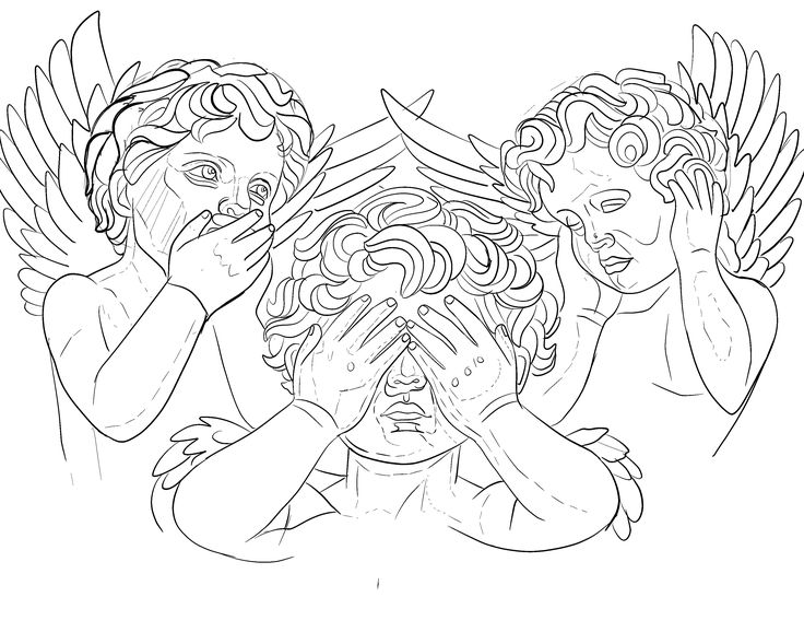 three angels with hands covering their faces in front of the viewer's eyes, one holding