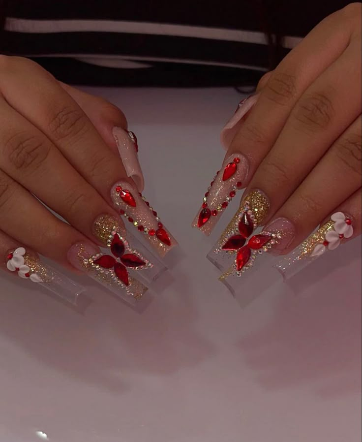 Latina Nails Red, Red Sparkly Nails, 15 Nails, Sweet 16 Nails, Nail Art Designs Valentines, Nail Art Designs Valentines Day, Nail Designs For Beginners, Quince Nails, Easy Nail Designs