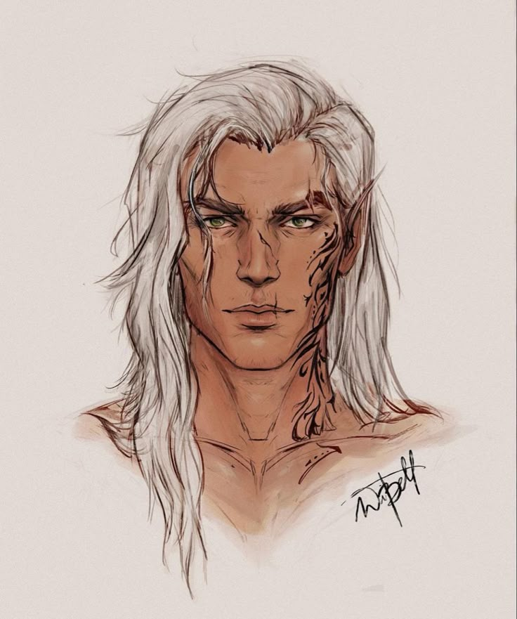 a drawing of a man with long white hair