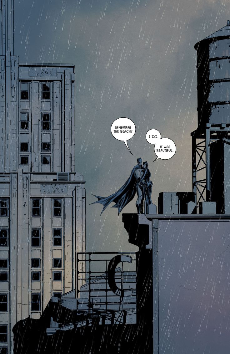 the batman is standing on top of a building in the rain with his cape up