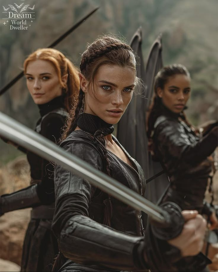 three women in leather outfits holding swords and looking at the camera with one woman standing behind them