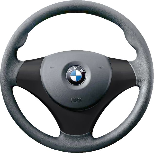 the steering wheel is black and silver with a bmw emblem on it's center