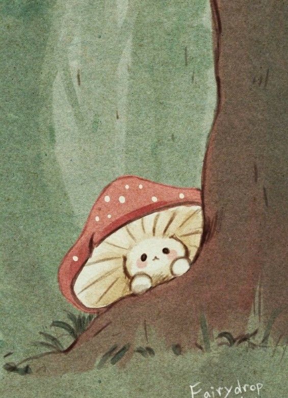 an illustration of a mushroom hiding under a tree