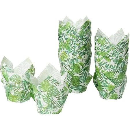 four green and white paper cups with palm leaves on the inside one cup has been folded in half