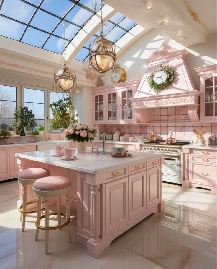 a kitchen with pink cabinets and white counter tops, two stools in front of the island