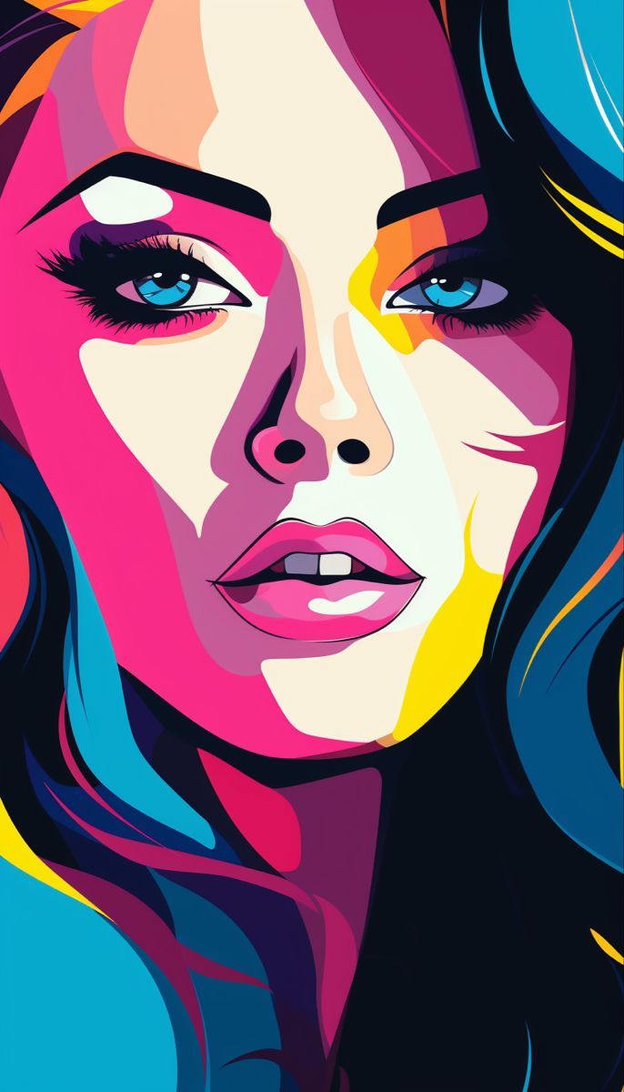 a woman's face with colorful hair and blue eyes is shown in this digital painting