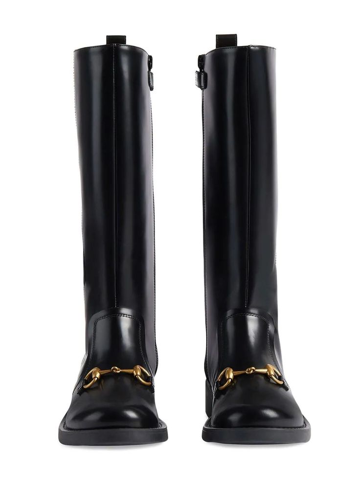 Black leather boots round toe pull-on style pull-tab at the heel signature Horsebit detail low heel knee-highComposition: Leather, 100% Gucci Boots, Guccio Gucci, Gucci Kids, Riding Boot, Stella Mccartney Kids, Gucci Black, Girls Boots, Kids Boots, Black Leather Boots