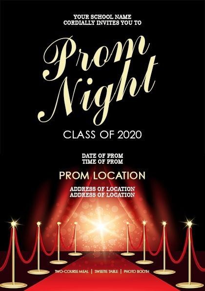 the prom night class flyer is shown with red carpet and stance barriers on it, as well as an award ribbon