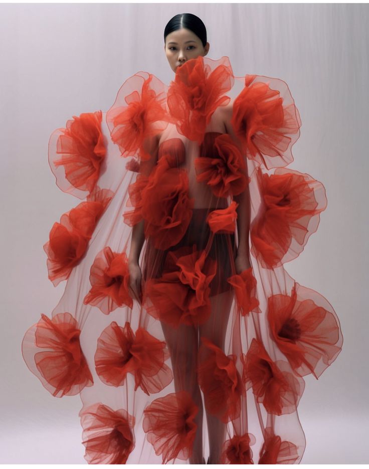 a woman in a red dress with flowers on her body and veil over her head