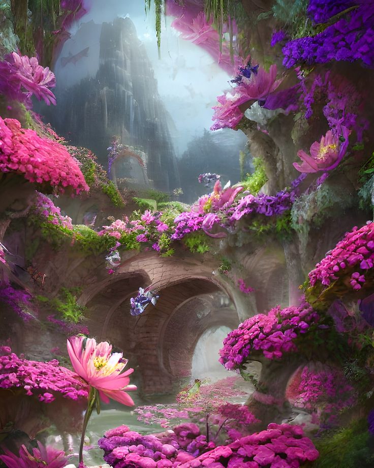 an artistic scene with pink flowers and butterflies in the air, surrounded by purple plants