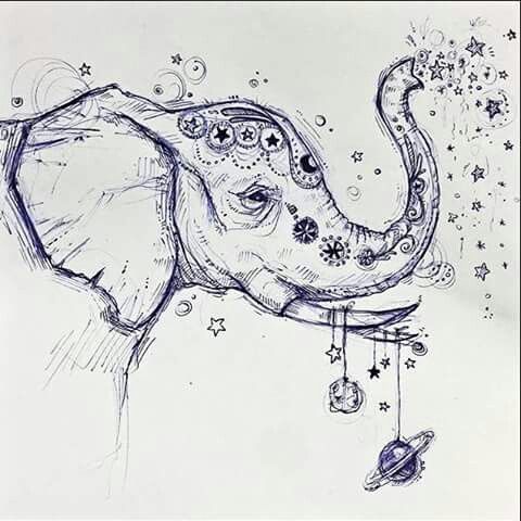 an elephant with stars on its head and some beads hanging from it's trunk