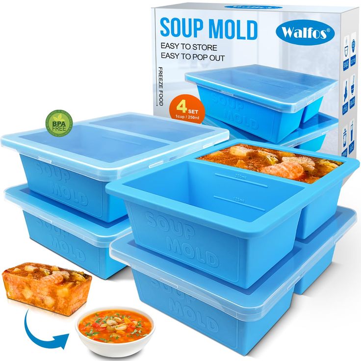 PRICES MAY VARY. ★ FOOD GRADE SILICONE – 1-Cup Silicone Soup Freezer Mold are made of food grade silicone. WIDE HEAT RESISTANT RANGE: From -104℉ to 446℉(not the lid); BPA Free, no odor and no toxic. Safe for oven, fridge, freezer and dishwasher. Just feel free to enjoy much healthier treats with your family and friends. ★ PORTION CONTROL – Each compartment of the soup ice cube tray has four clear filling lines to help you freeze food in 4 perfect portions: ½Cup-125ML or 1Cup-250ML. Clear tight f Freezing Soup, Freeze Food, Healthier Treats, Freezer Containers, Soup Broth, Friends Food, Premium Food, Ice Cube Molds, Kitchen Storage Solutions