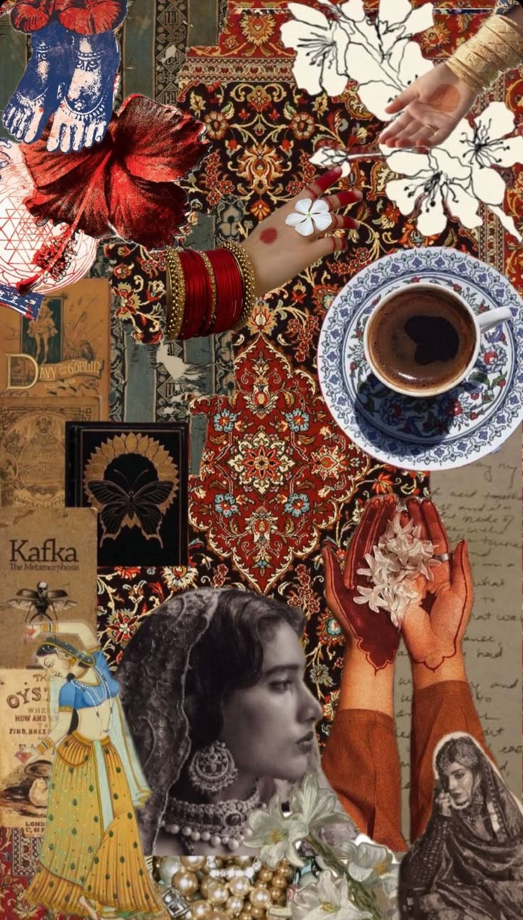 a collage with many different pictures and words on it, including hands holding a coffee cup