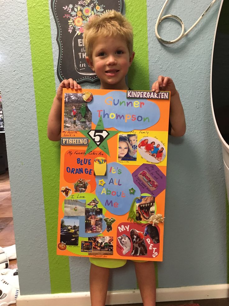 a young boy holding up a poster with pictures on it in front of a green and blue wall