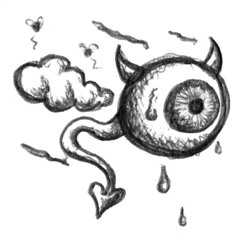 a drawing of an eye with tears coming out of it's eyes and clouds in the background