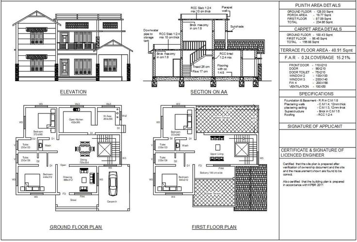 Residential building with detailed plan section elevation