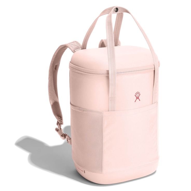 the back side of a pink backpack on a white background