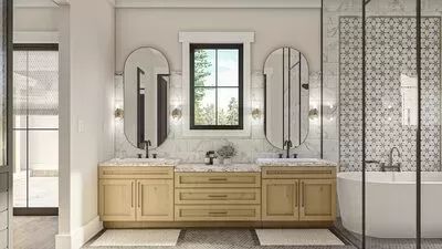 a large bathroom with two sinks and a bathtub