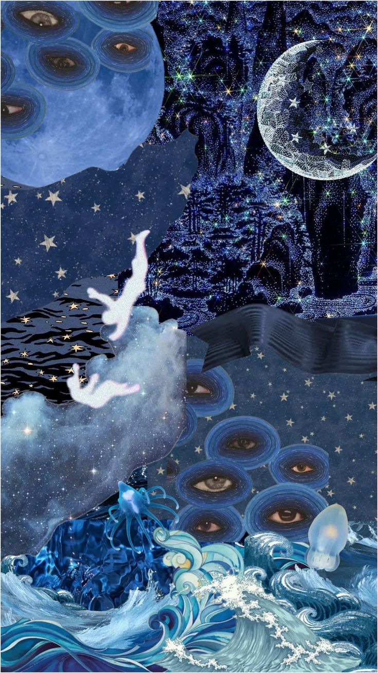 an image of a woman floating in the air above water with stars and clouds around her