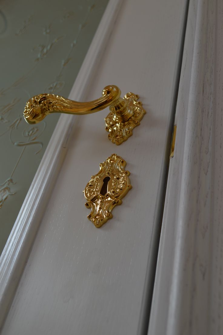 two golden handles on a white door