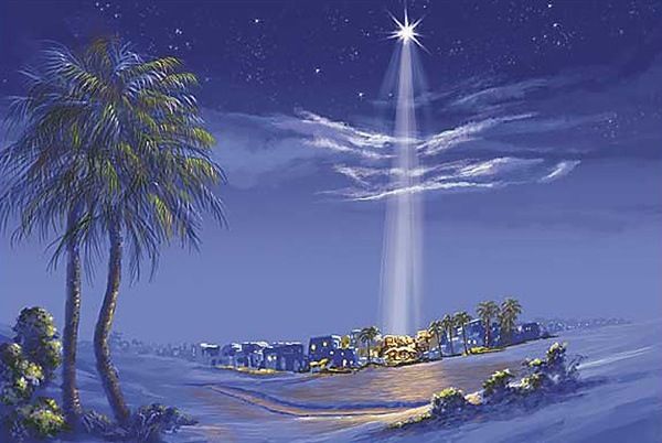 a painting of the birth of jesus with palm trees and blue sky in the background