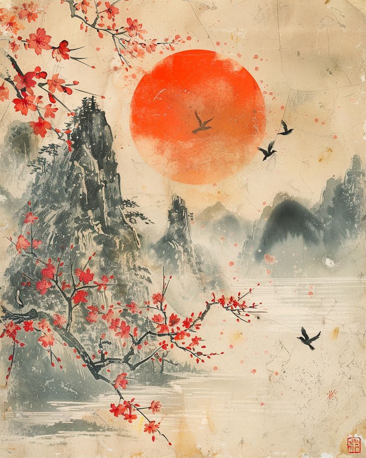 Vintage Art of Japanese Landscape with Birds and Cherry Blossom Tradition Japanese Art, Vintage Japanese Painting, Modern Japanese Painting, Landscape Japanese Art, Traditional Japanese Ink Painting, Japanese Landscape Illustration, Traditional Japanese Art Landscapes, Chinese Artwork Traditional, Traditional Japanese Cherry Blossom Art