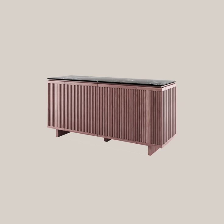 the sideboard is made from wood and has a black top, with metal legs