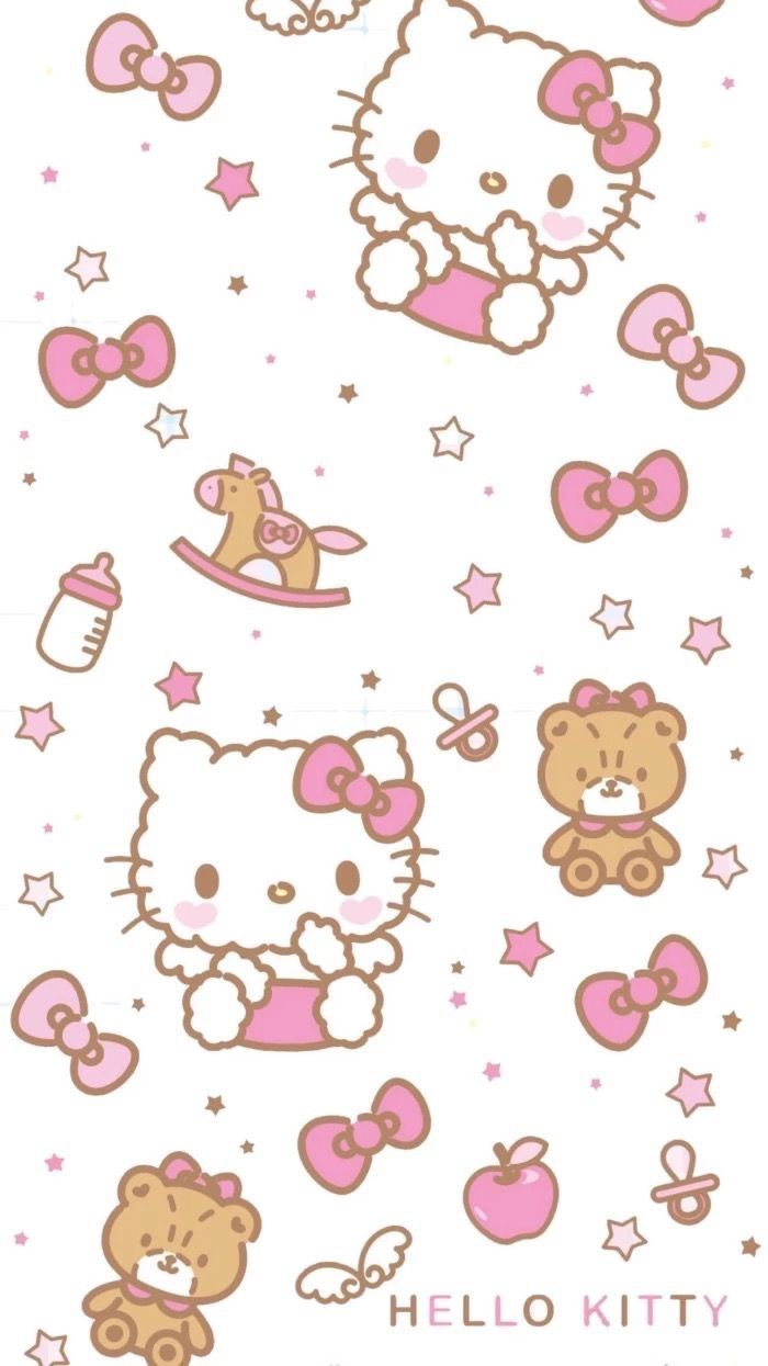 hello kitty wallpaper with pink and brown teddy bears, stars and hearts on it