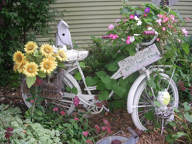 an old bicycle is decorated with flowers and birdhouses in the back yard,