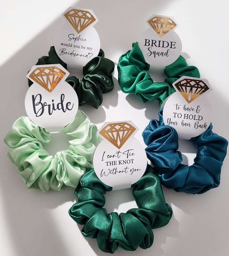 six different colored scrunffles with the words bride and i do not know what they are