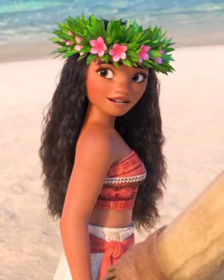 moan from the princess and the frog movie standing in front of an ocean beach with pink flowers on her head