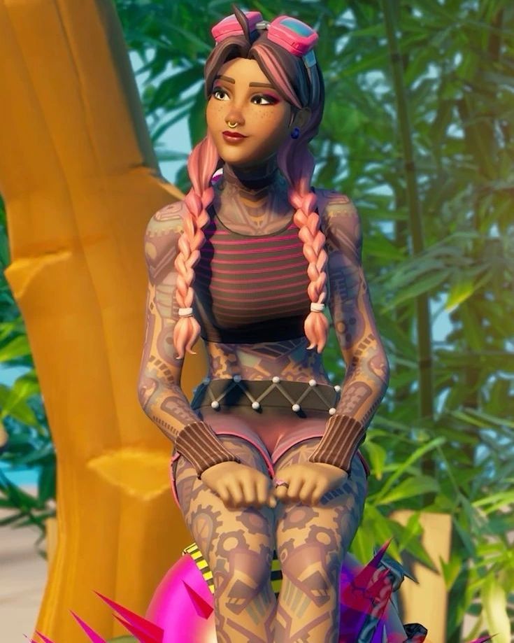 a woman with pink hair and tattoos sitting on top of a tree stump in front of some plants