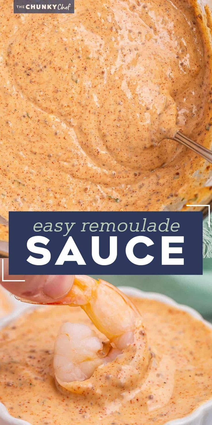 a hand dipping sauce into a bowl with shrimp in it and the words easy remoulade sauce above