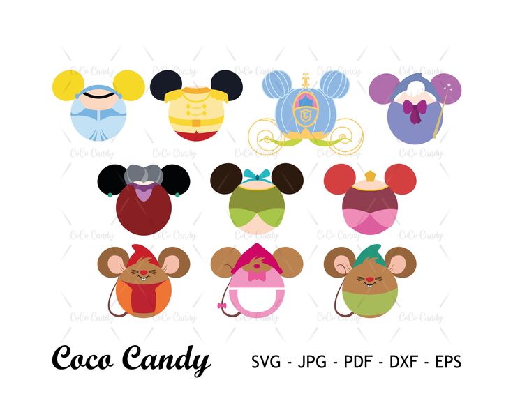 mickey mouse ears and other disney characters in different colors, with the words cocoa candy on them